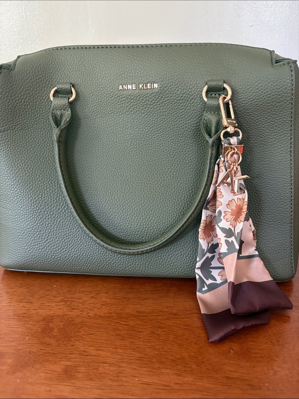 Large Anne Klein Green Pebbled Satchel with Floral Scarf Charm